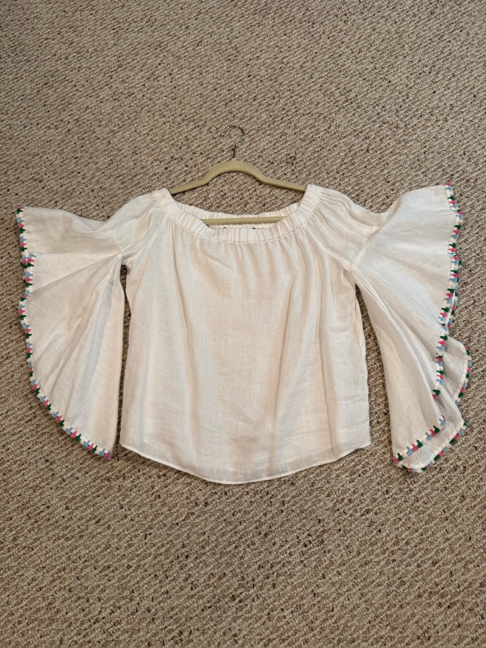 Zara White Off-Shoulder Top with Color-Trimmed Bell Sleeves NWOT